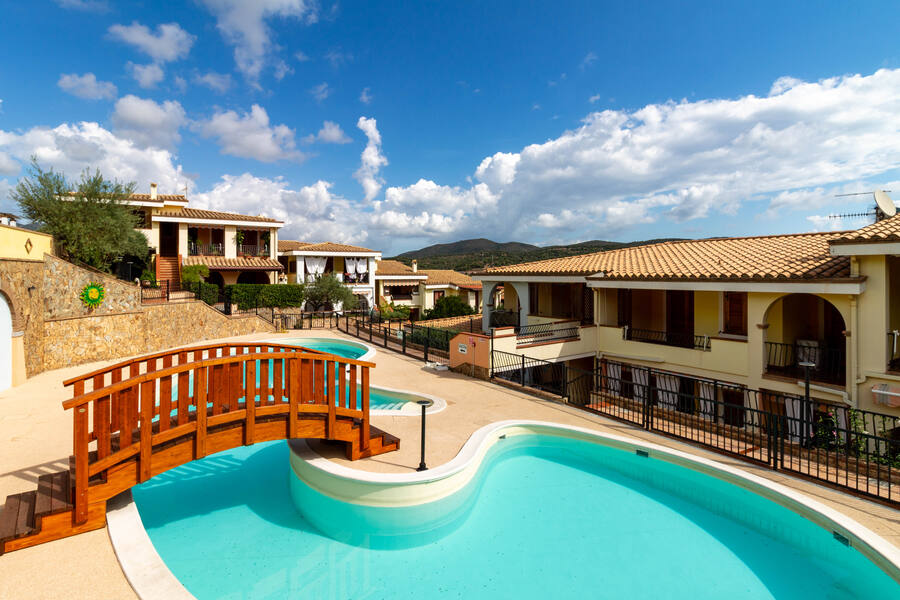 Piscina a forma libera con ponticello in legno